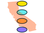 A cut out illustration of California, with four voter ballot bubbles in different colors laid over it.